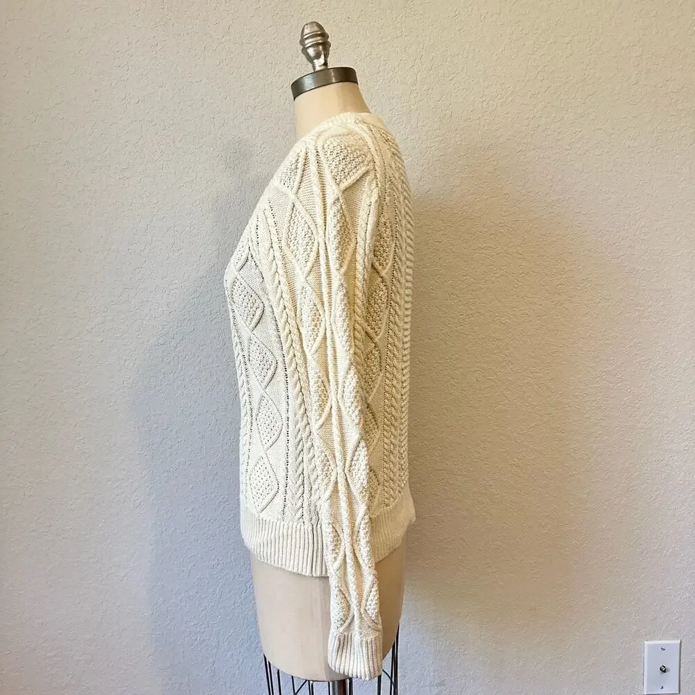 J.CREW Sweater Cream Crew Neck Pullover Cotton Cable Knit Fisherman